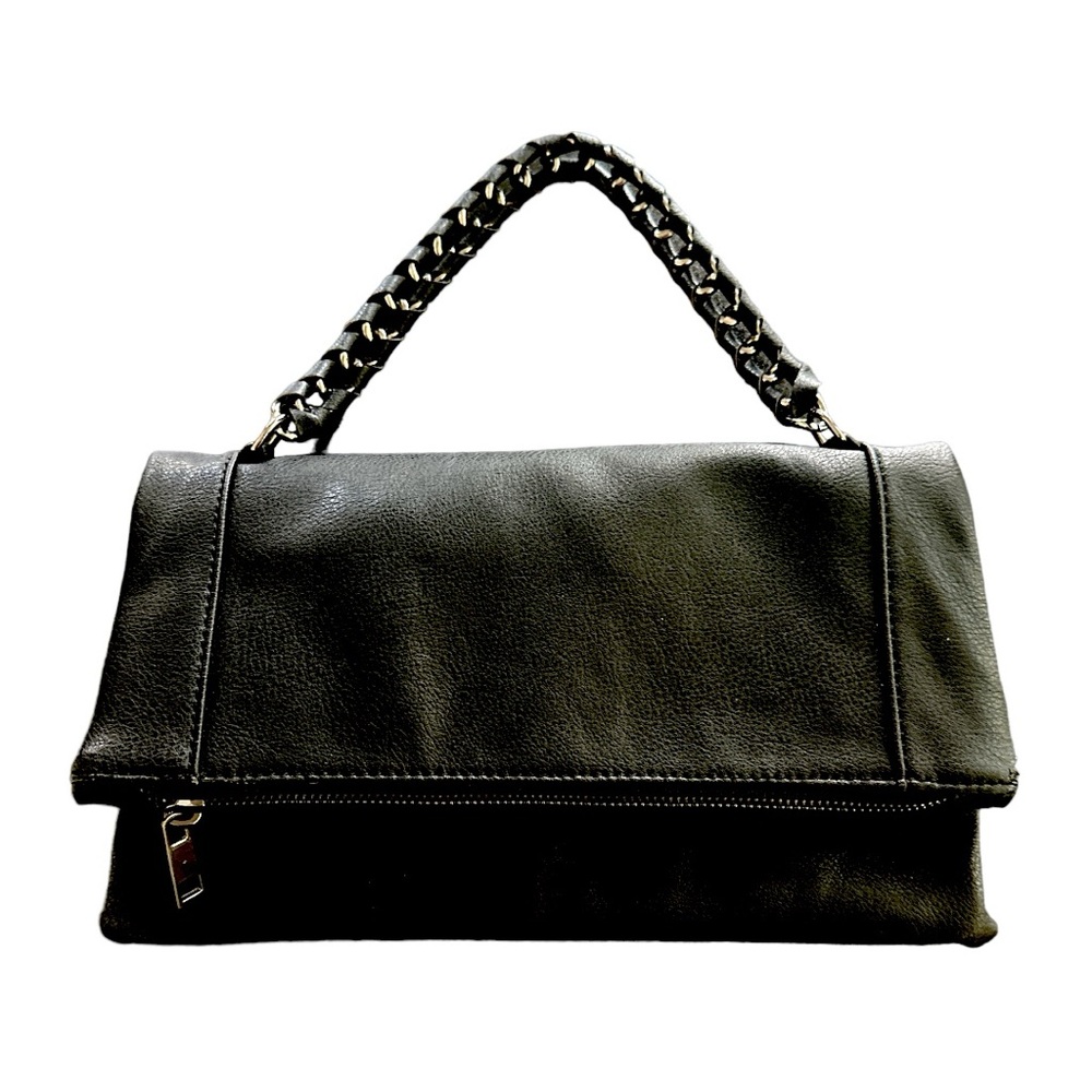 Black Fold over Zippered Clutch with chain strap and magnetic closure